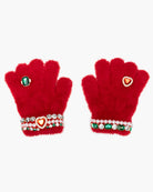 A pair of bright red fuzzy gloves decorated with rhinestone wristbands, a green oval gem, and a heart-shaped crystal accent on a plain white background.