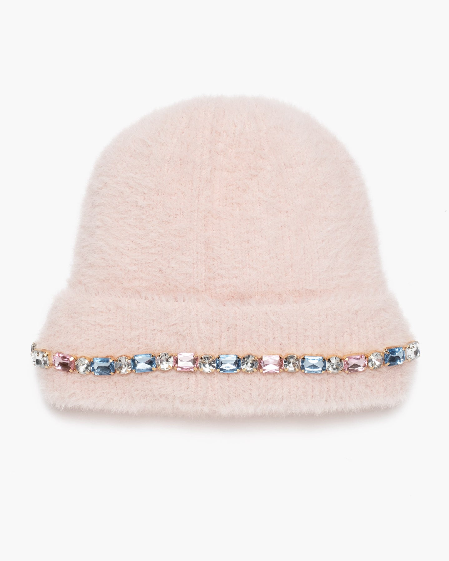 A light pink fuzzy beanie hat featuring a decorative band of colorful rhinestones, set against a plain white background.