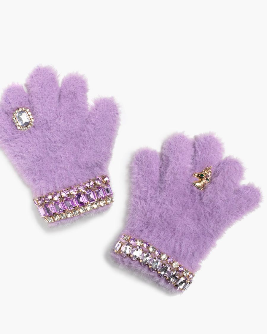 Pair of purple gloves with gemstone embellishments on a white background