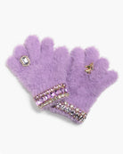 Purple gloves with gemstone accents on a white background