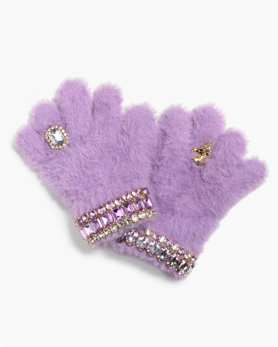 Purple gloves with gemstone accents on a white background