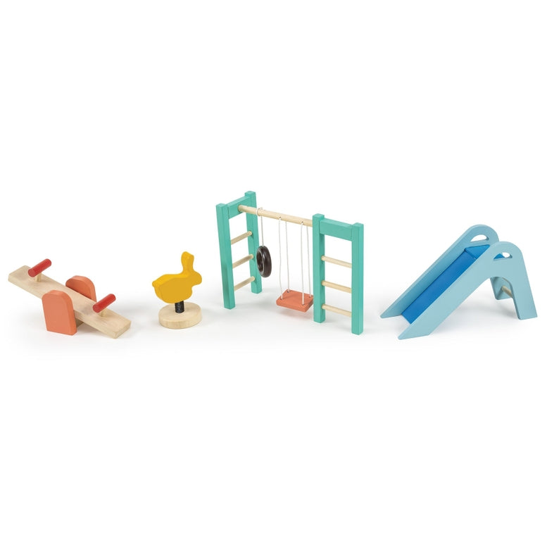 A wooden dollhouse playground set featuring a natural wood see-saw with orange seats, a green-framed swing set with a brown swing seat and hanging tire, a green climbing frame, a blue slide, and a yellow spring-mounted bunny ride-on toy, all arranged against a clean white background.