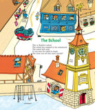 Illustrated scene of a school with a clock tower and schoolyard, featuring text about Huckleberry Finn.