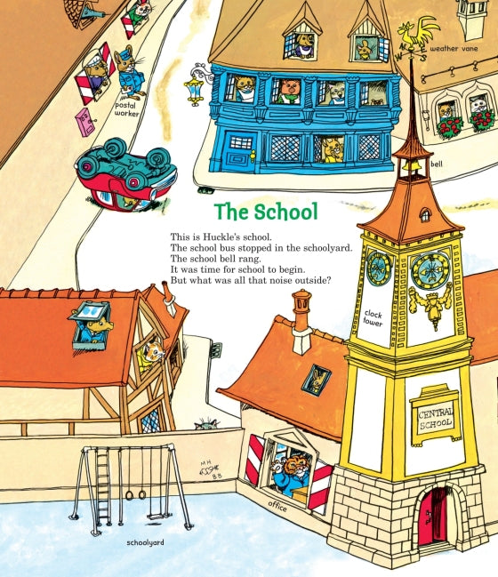 Illustrated scene of a school with a clock tower and schoolyard, featuring text about Huckleberry Finn.