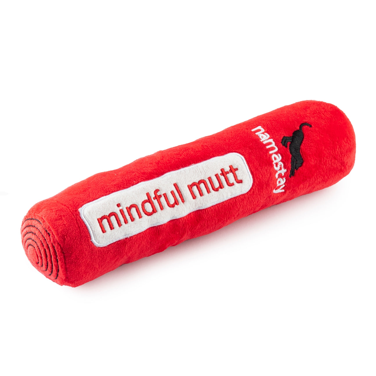 Red yoga mat with 'mindful mutt' and 'namastay' text on a white background