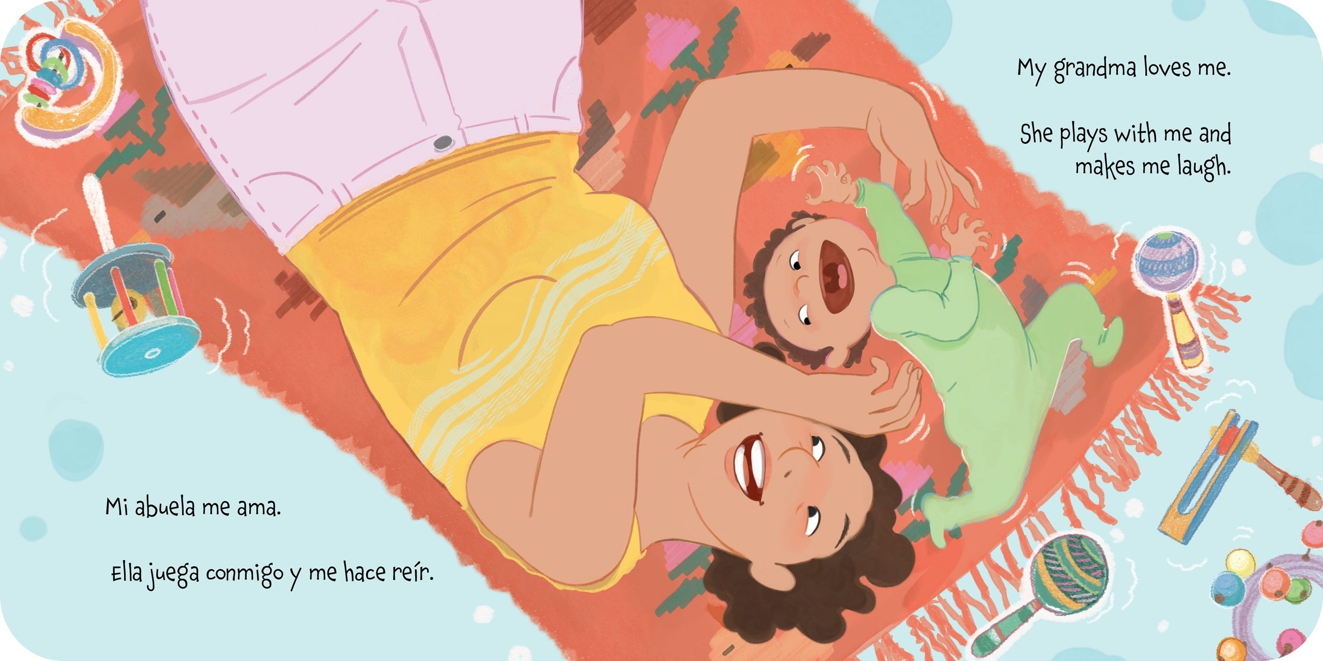 Illustration of two children playing on a blanket with toys around, featuring text in Spanish.