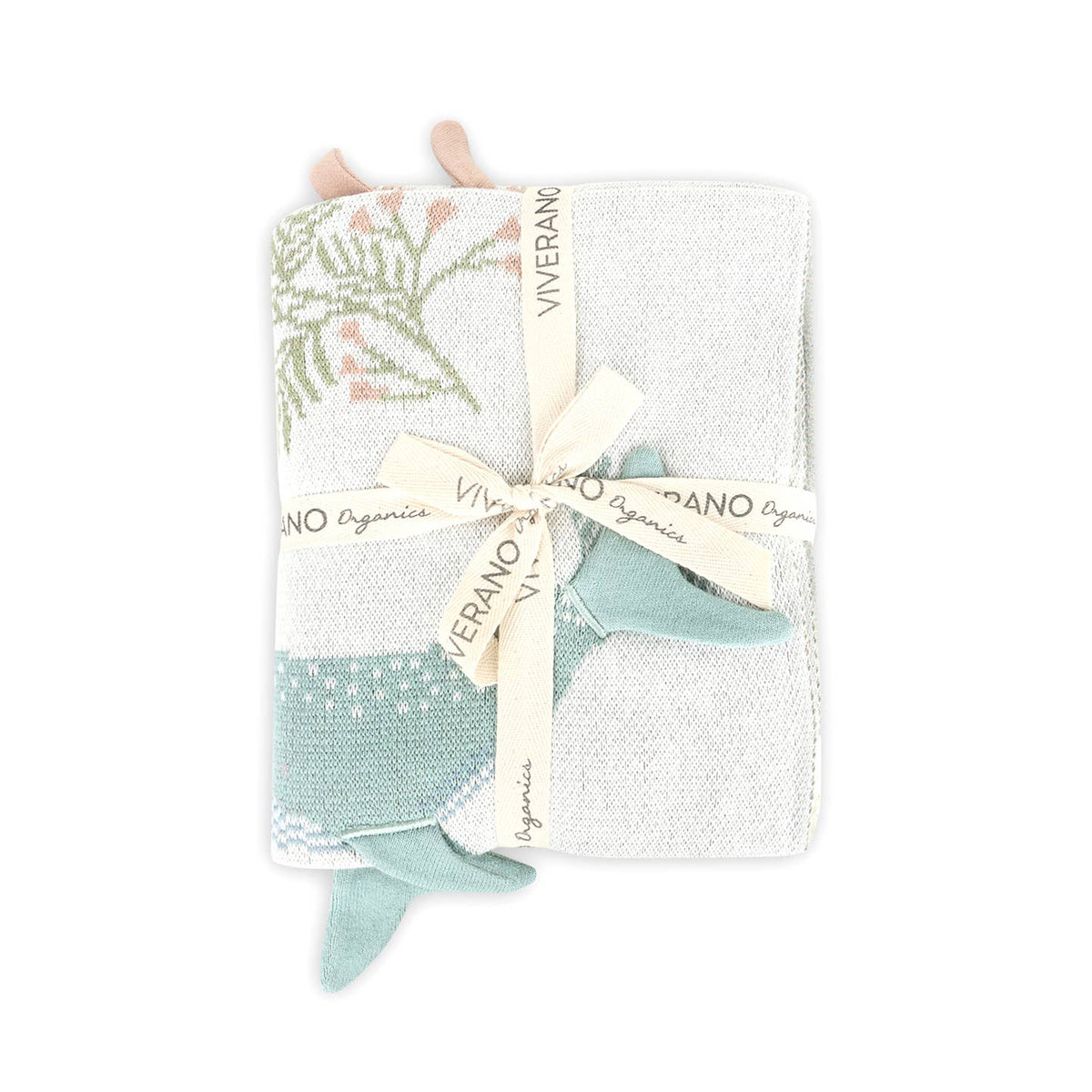 Set of baby items including a blanket, socks, and a toy with 'Viverano' branding on a white background.