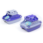 Two purple toy boats with gray roofs on a white background