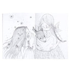 An open coloring book page showing an interior line-art illustration of a long-haired girl with flowers in her hair hugging a donkey.
