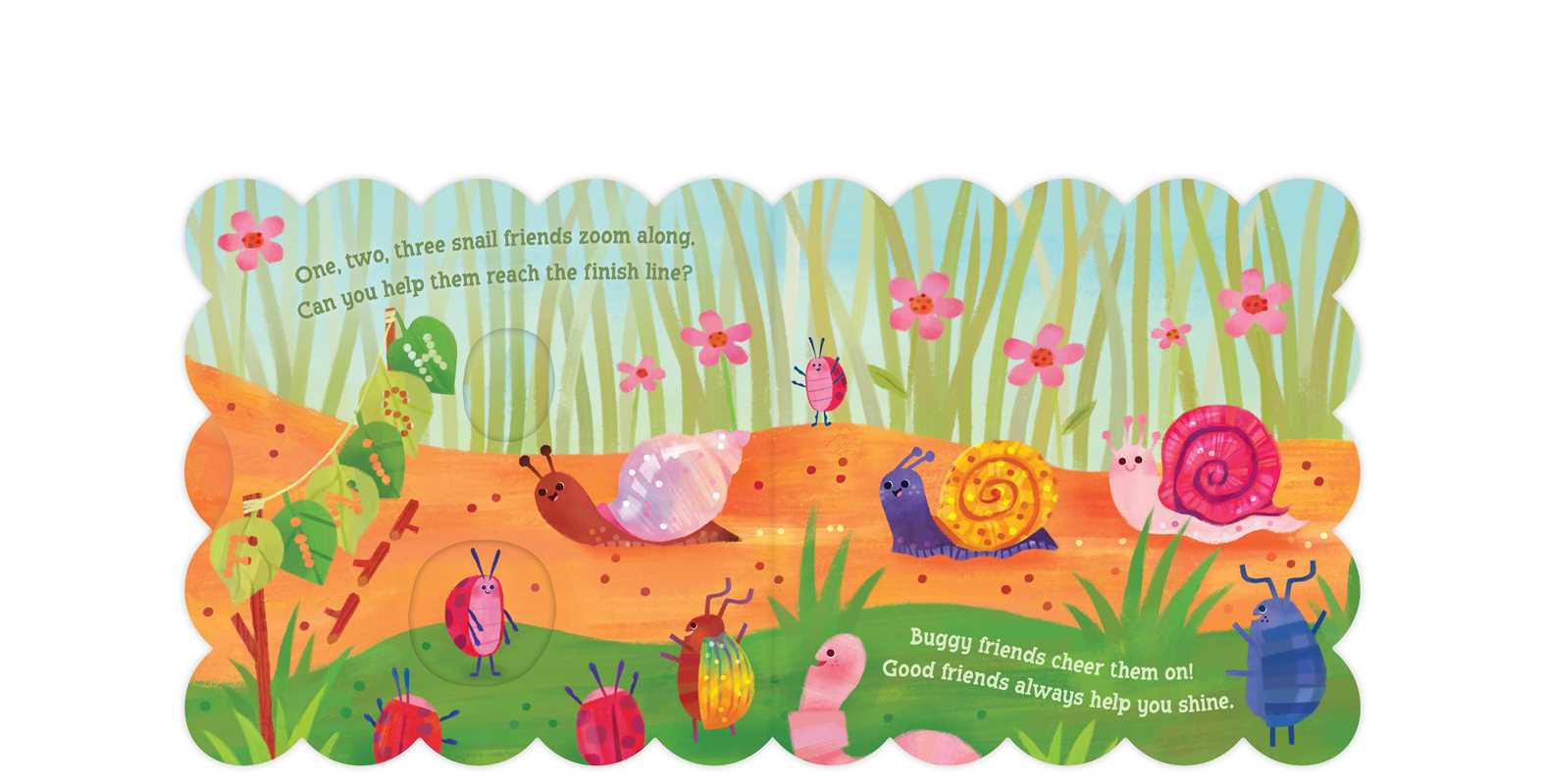 Children's book page with snails and flowers on a white background