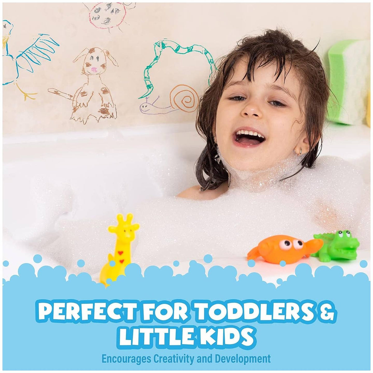Child in a bubble bath with toys and colorful drawings on the wall, text 'Perfect for Toddlers & Little Kids'.