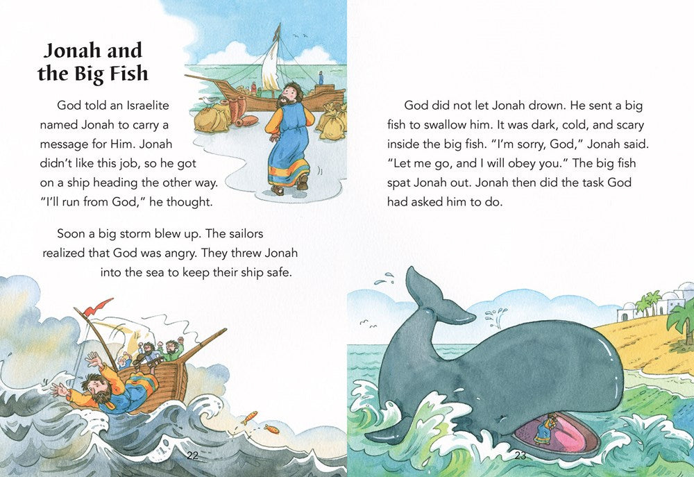 Illustrated children's book page about Jonah and the Big Fish with text and graphics.