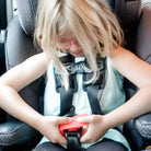 Child in a car seat with a red buckle being fastened