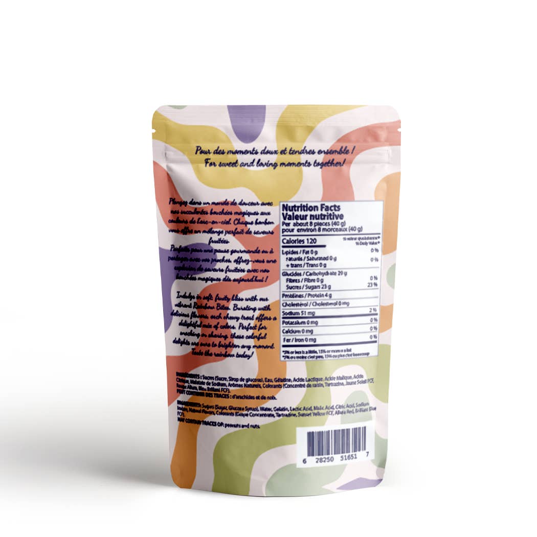 Colorful snack bag with nutrition facts label on a white background