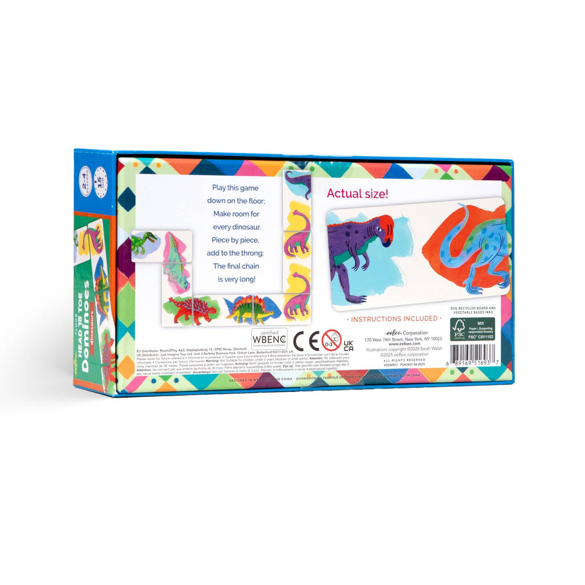 Colorful box of a children's game with dinosaur illustrations on a white background
