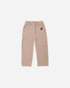 A pair of cropped pants featuring a vertical brown and white stripe pattern, displayed flat against a solid white background.
