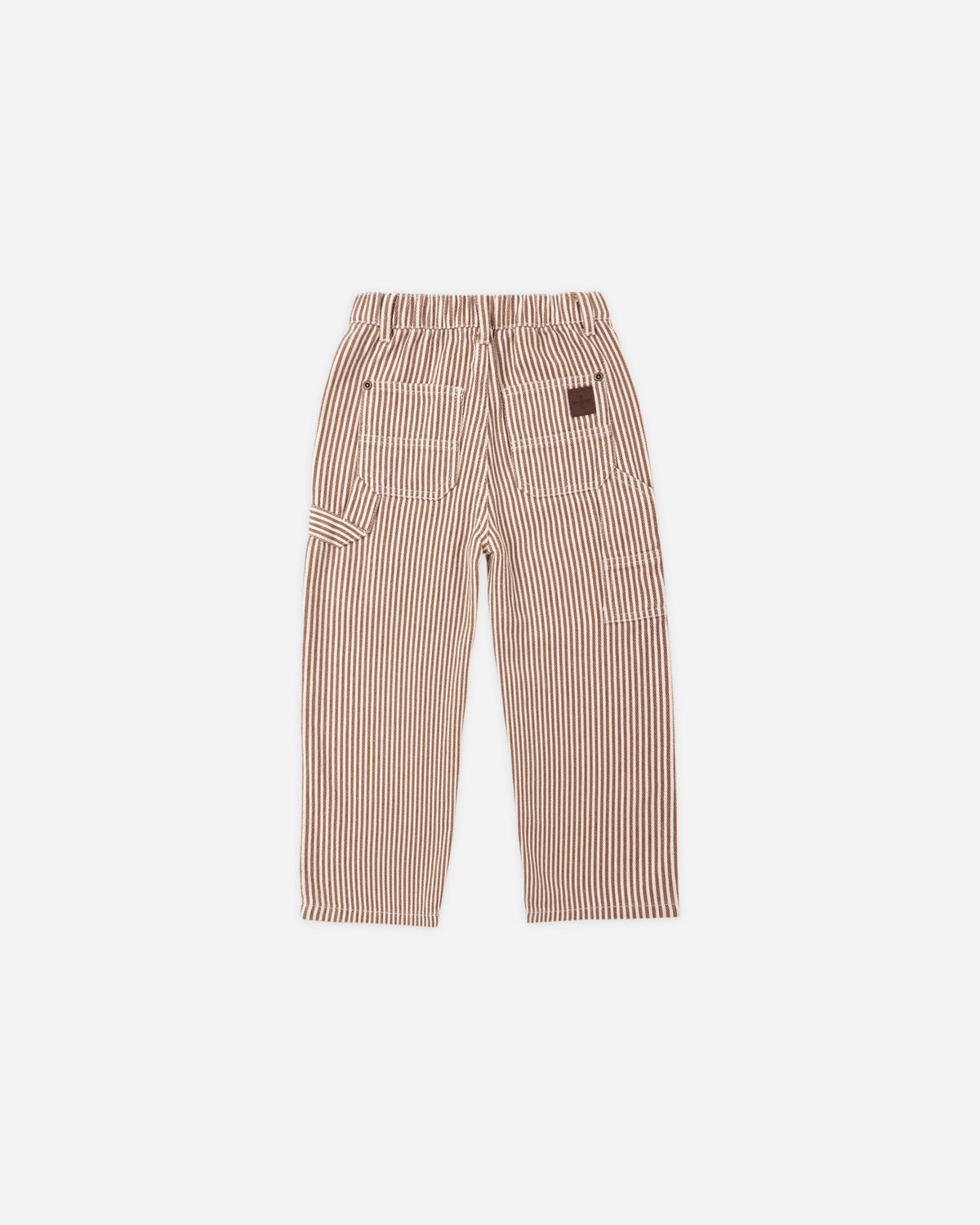 A pair of cropped pants featuring a vertical brown and white stripe pattern, displayed flat against a solid white background.