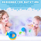 Two children in a bathtub with bubbles and bath toys, featuring text about bathtime products.