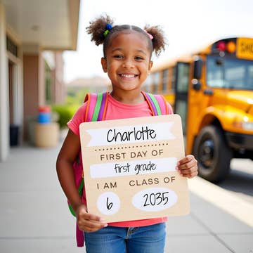 Young girl holding a sign on the first day of first grade with a school bus in the background.