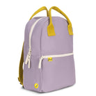 Purple backpack with yellow straps and accents on a white background