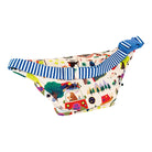 Colorful waist bag with cartoon designs and blue strap on a white background