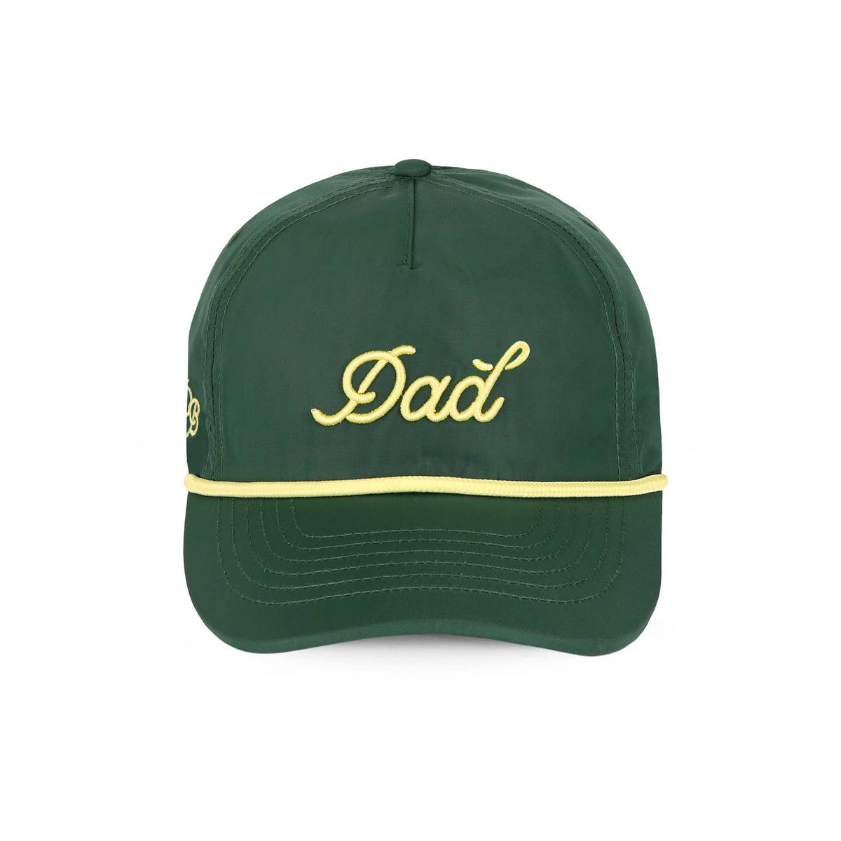 Green cap with 'Dad' embroidered on it against a white background