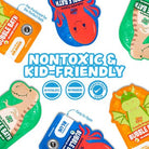 Bubble bath packages with cartoon characters and text highlighting nontoxic and kid-friendly features on a white background.