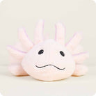 A close-up shot of the Pink Axolotl by Warmies plush toy against a plain background, highlighting its soft pink face, stitched eyes and mouth, and fluffy external gills.