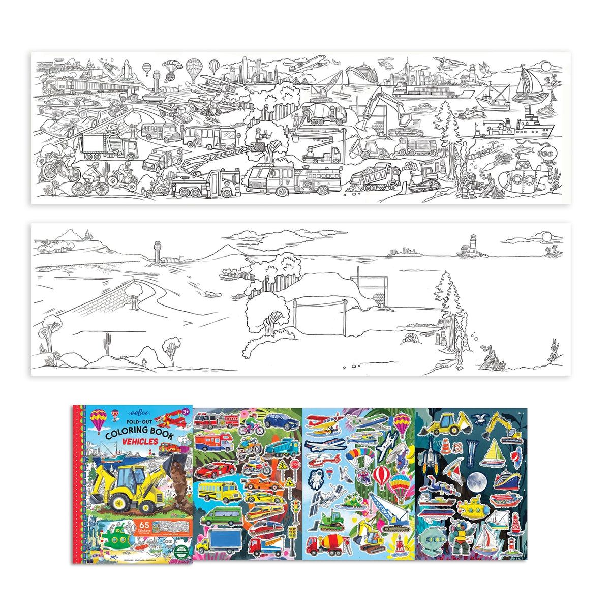 A children's coloring book set featuring three panoramic black-and-white illustrated strips showing vehicles, landscapes, and scenes, plus the colorful front cover and several interior color pages with various vehicle-themed illustrations.