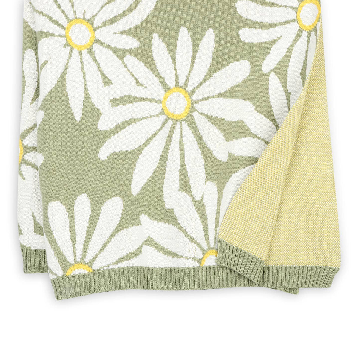 Floral patterned blanket with white flowers and green leaves on a light green background