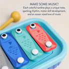 Colorful toy sardine xylophone with a maraca on a light background