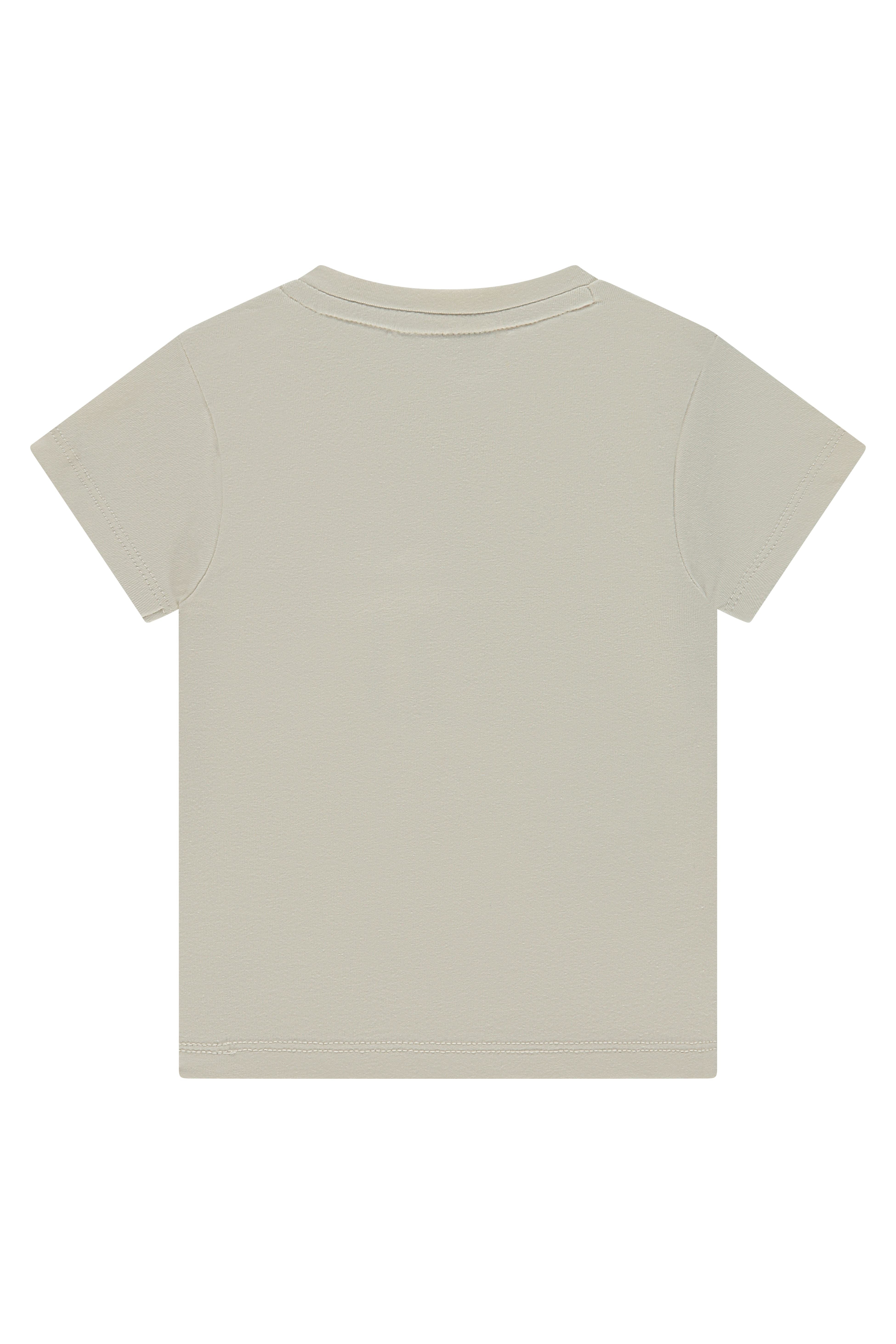 A short-sleeve crewneck t-shirt in a light beige or sand color, shown from the back on a solid white background.