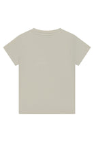 A short-sleeve crewneck t-shirt in a light beige or sand color, shown from the back on a solid white background.