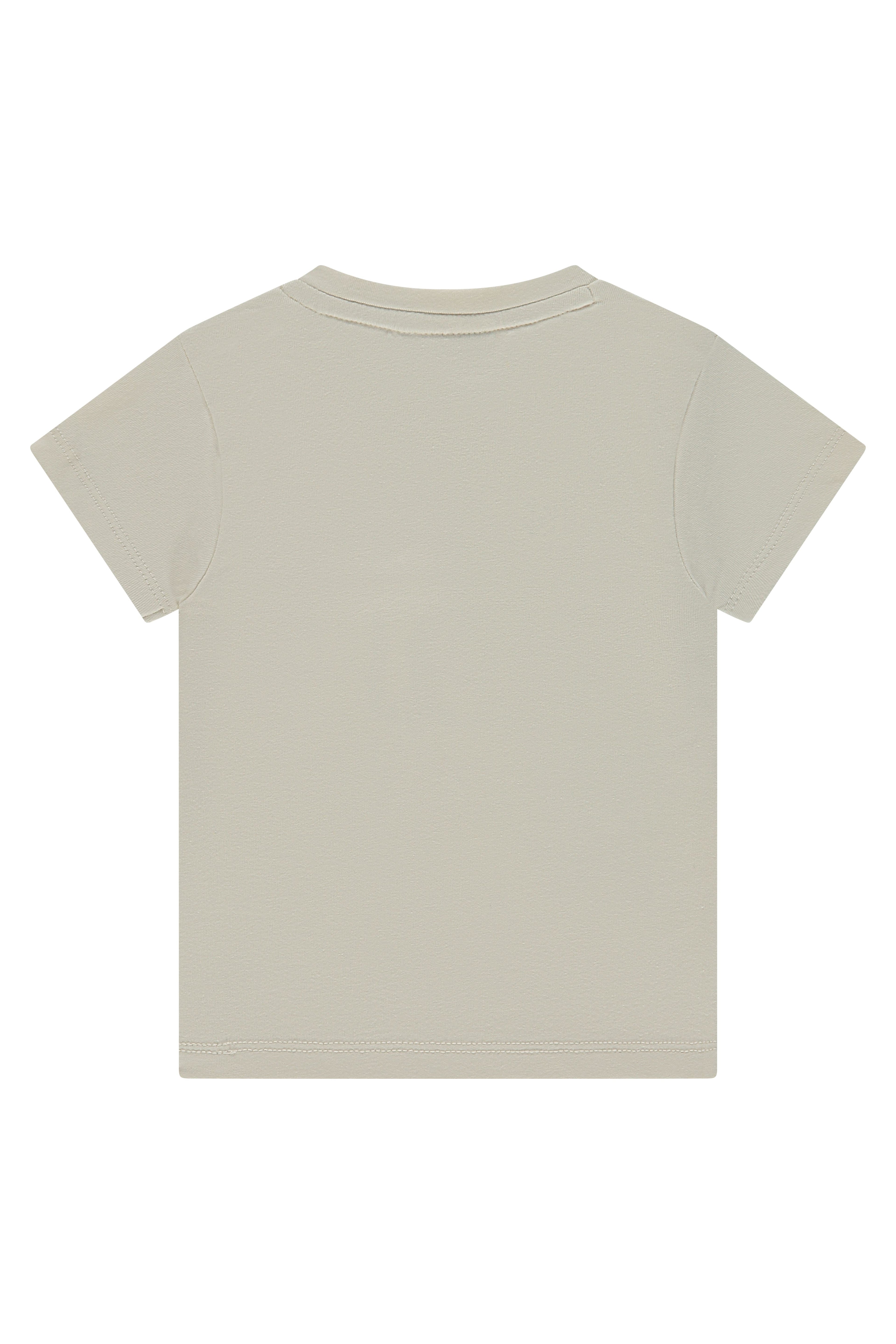 A short-sleeve crewneck t-shirt in a light beige or sand color, shown from the back on a solid white background.