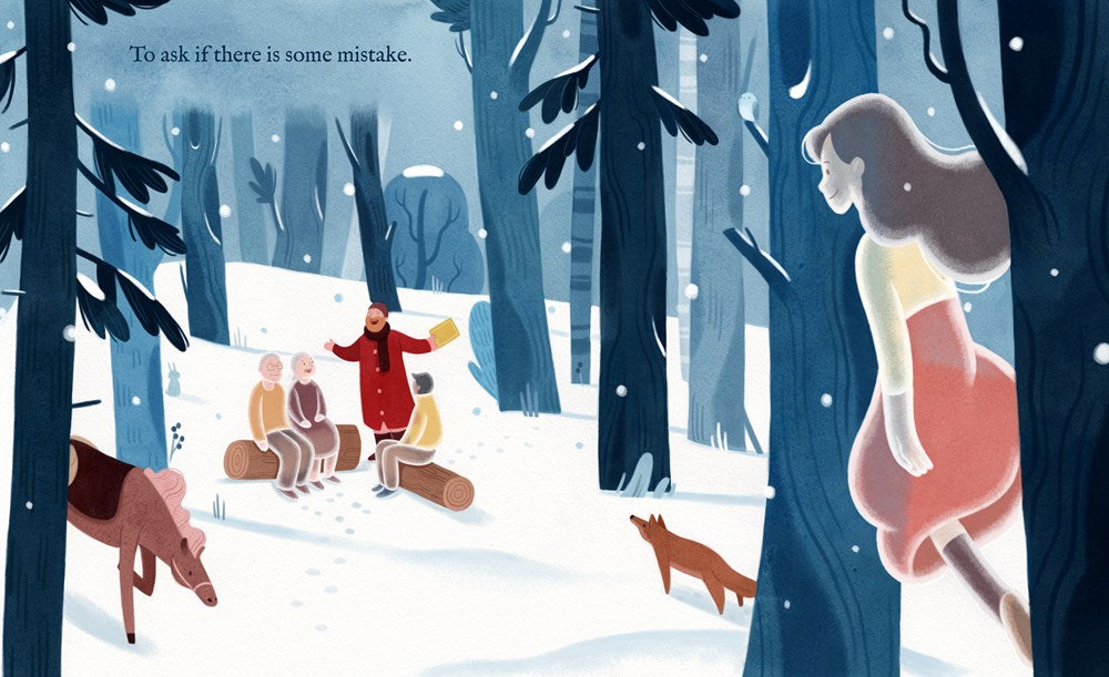 Illustration of a snowy forest scene with people and animals.