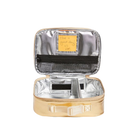 Small gold suitcase with silver interior on a white background
