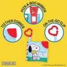 Peanuts-themed children's product set on a yellow background