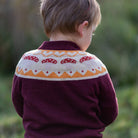 Child wearing a patterned sweater with a blurred natural background