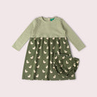 A two-piece baby girl's outfit set featuring a long-sleeve dress and matching bloomers. The dress has a top section with green and white horizontal stripes and a bottom section in olive green with a repeating duck print.