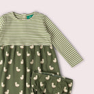 A two-piece baby girl's outfit set featuring a long-sleeve dress and matching bloomers. The dress has a top section with green and white horizontal stripes and a bottom section in olive green with a repeating duck print.