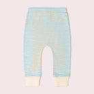 A baby garment with horizontal mint green and white stripes, featuring solid cream ribbed cuffs at the bottom.