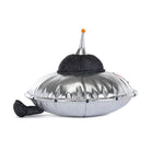 Silver UFO-shaped object with black accents on a white background