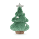 Green fluffy Christmas tree with a silver star on a white background