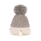 A baby knit pom-pom beanie hat featuring a textured gray cable-knit top section with a fluffy gray pom-pom, and a soft ribbed cream-colored bottom section with a small white faux-fur accent.