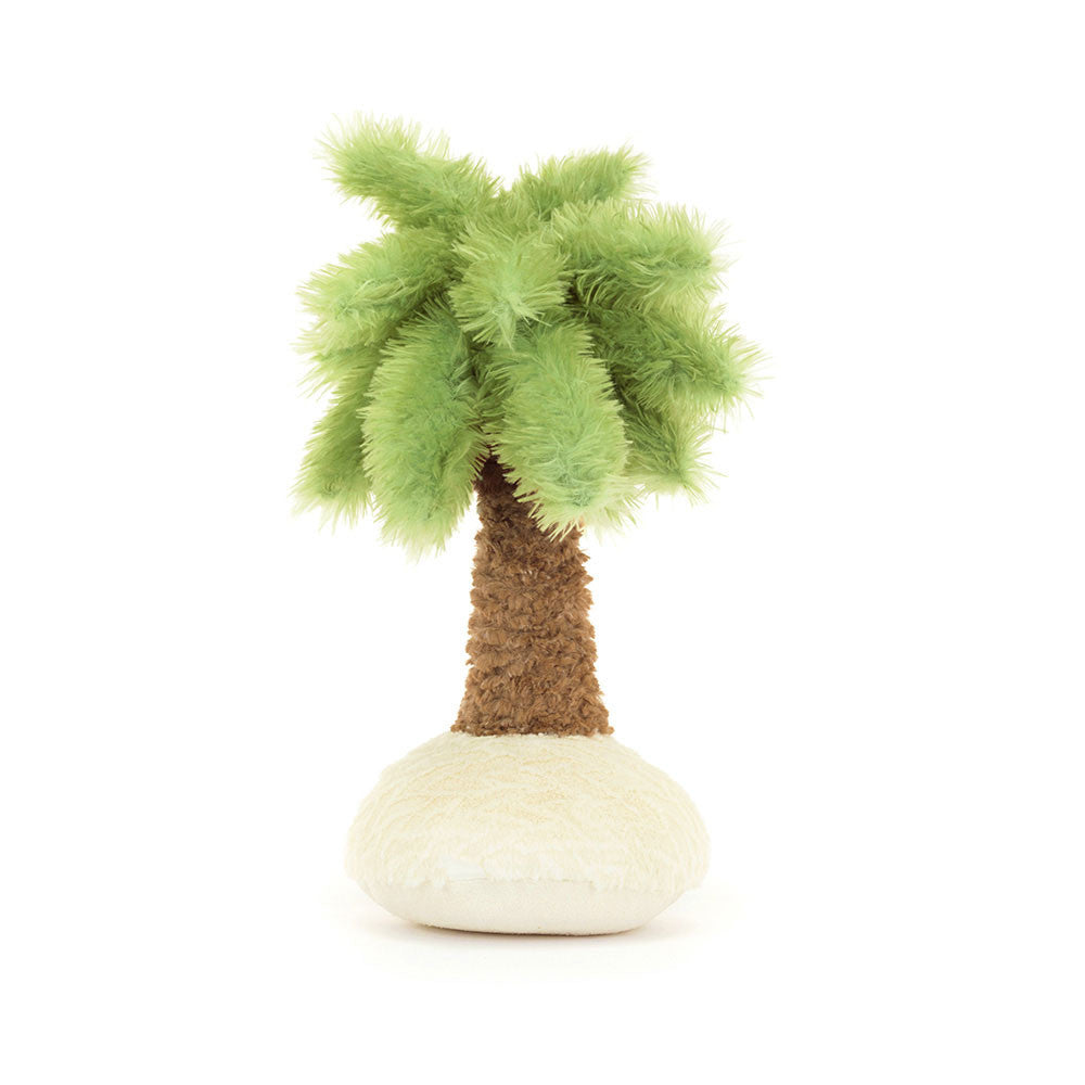 A plush palm tree toy with a smiling face, green fronds, and a white base.