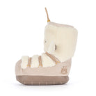 A single mid-calf boot with a cream-colored plush fleece collar and trim, a beige suede-like body, and a brown sole, shown from a side profile on a white background.
