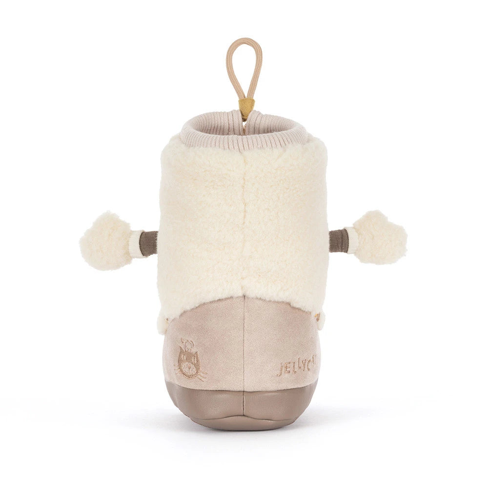 A Jellzee plush sheep bootie toy in cream and beige, featuring a soft fleece body, a hanging loop, and embroidered brand name on the lower front, set against a plain white background.
