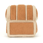 Cube-shaped plush toy with brown and beige pattern on a white background
