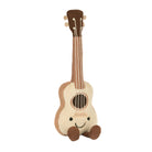 A plush toy ukulele with a smiling face, primarily beige in color with a brown headstock and bridge, and a happy facial expression.