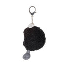 Black pom-pom keychain with a silver tag on a white background